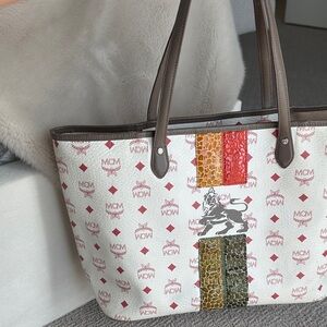 MCM White Tote with Multicolor Stripes